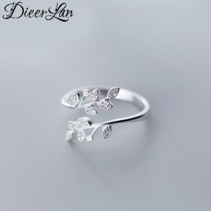 DIEERLAN Personality 925 Sterling Silver Crystal Leaf Rings For Women Wedding Jewelry Adjustable Antique Finger Ring Anillos